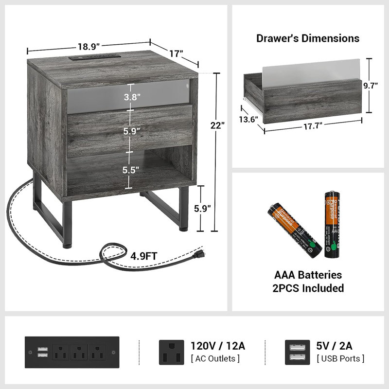 18.9'' W Nightstand, Gray Oak