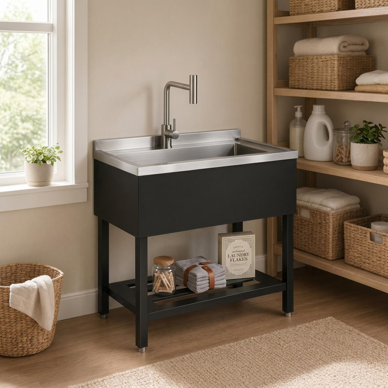 Stainless Steel Utility Sink, Freestanding Laundry Tub with Deep Single Basin and Faucet