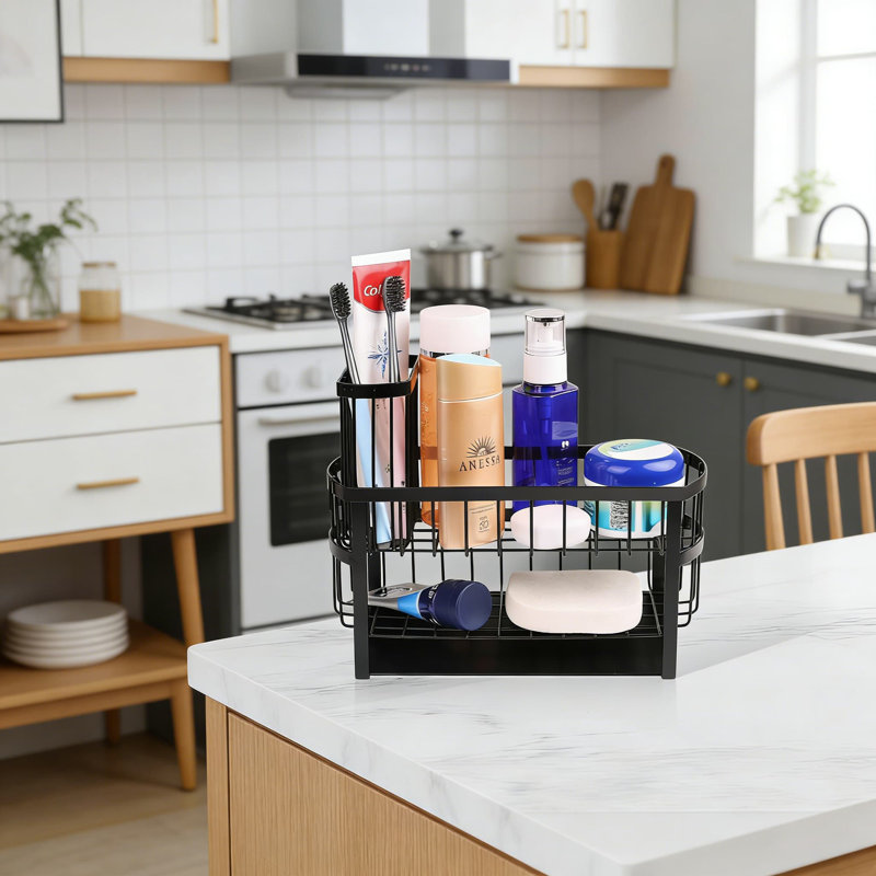 Support de rangement pour évier de cuisine à 2 niveaux avec porte-brosse à casseroles, support d'évier ovale pour éponge, savon et linges à vaisselle, organisateur d'évier stable