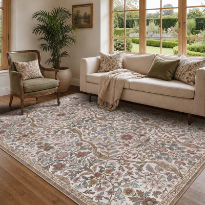 Washable Area Rug - Vintage Boho Botanical Low-Pile Rug