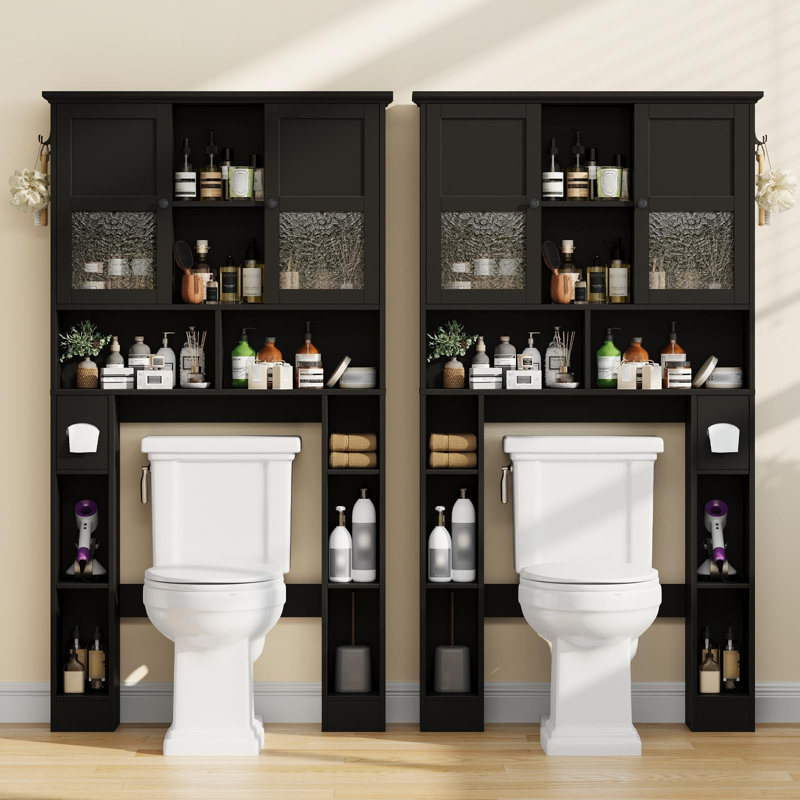 Over The Toilet Storage Cabinet, Bathroom Shelf Over Toilet With Hammered Grain Glass Doors And Adjustable Shelves, Black