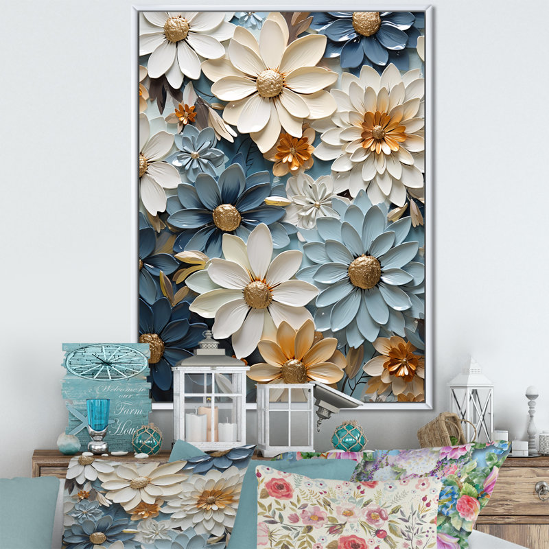 «Vibrant Blue White Zinnias Collage» sur toile, Cadre flottant blanc, H 20 po x l 12 po x P 1 po