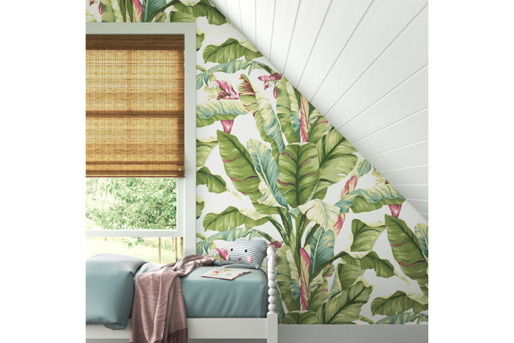 tropic botanical wallpaper with greens and pinks