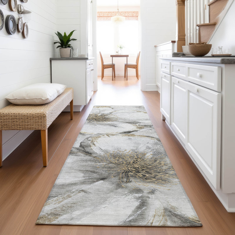 Machine Washable Indoor/Outdoor Xhevrie Silver Rug, Runner 2'3" x 7'6"