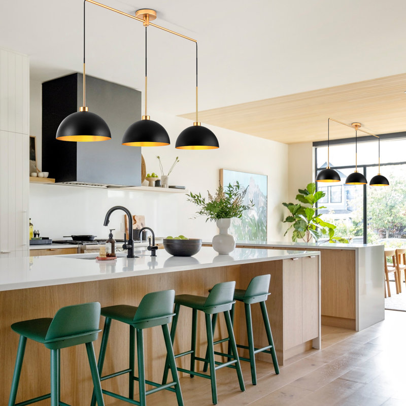  3-Light Black and Gold Dome Pendant Lights Kitchen Island, Kitchen Pendant Lighting Over Island, Adjustable Height Hanging Light Fixture for Farmhouse Dining Room Kitchen Cafe, E26 Base