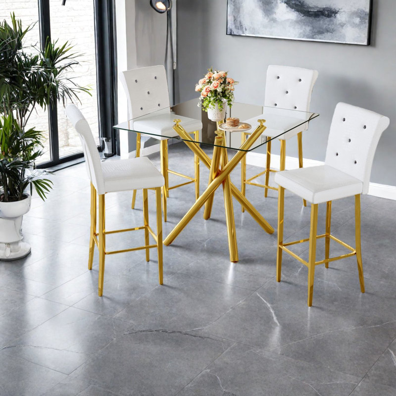 Ensemble de bar compact moderne, table en verre chromé doré, tabourets en cuir blanc