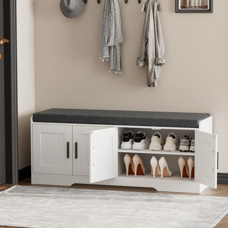 Banc de rangement à chaussures 4 portes 45 po avec coussin épais rembourré et organisateur à 2 niveaux – Siège d'entrée ou de corridor, noir/gris/blanc
