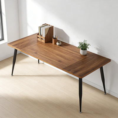 Rectangular Computer Desk With Wood Brown Top And Black Metal Base For Home Workspace