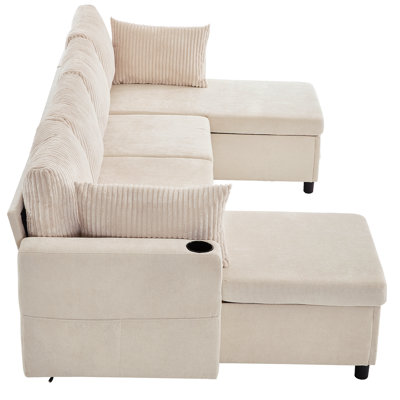 113.4" Sectional Sofa Pull-Out Sofa Bed Versatile Sofa Sleeper With Large Storage Space, Two USB Ports And Two Cup Holders For Living Room(Old SKU:N719S001660A), Beige