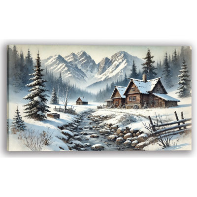 «Snowy Mountain Retreat: Rustic Cabin Winter Landscape», reproduction d'art sur toile tendue