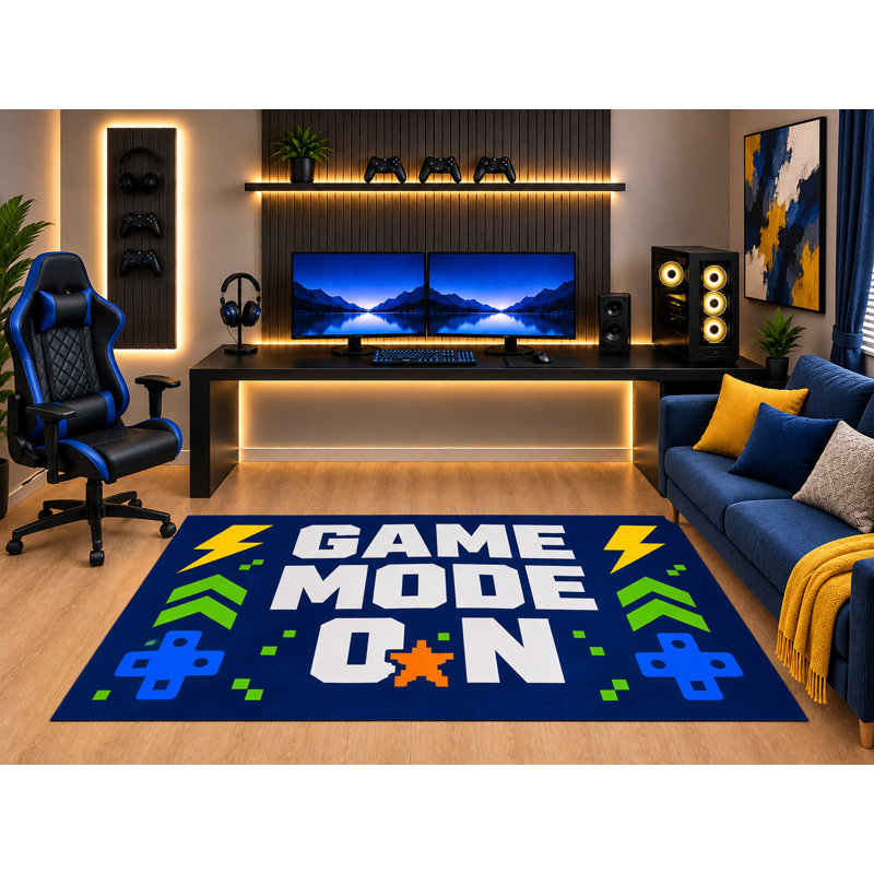 "Ultra Light Weight" 5' x 7' Gamer Area Rug Game Mode On Typography Pixel Controller Art for Kids Bedroom Gaming Room Non-Slip Silicone Backing Low Pile