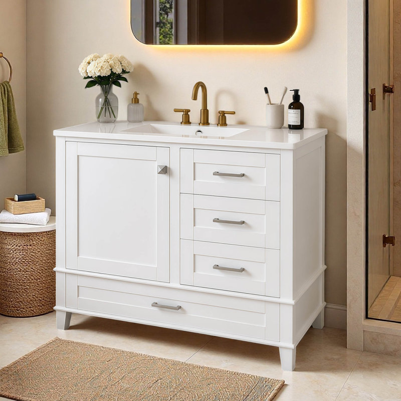 Meuble-lavabo simple 36 po avec plateau en céramique, Blanc