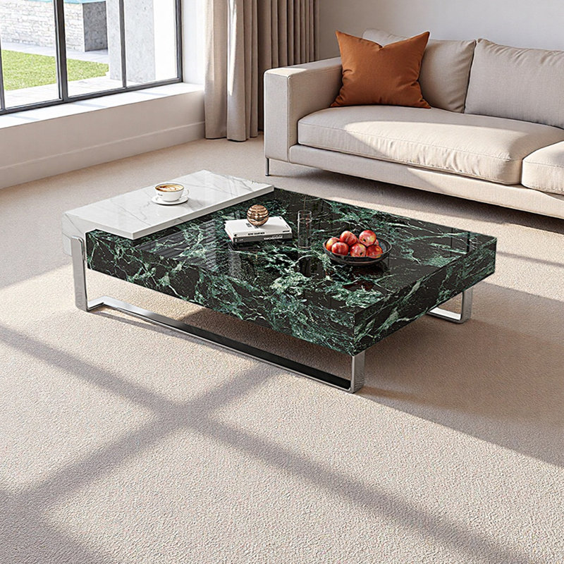 Table basse moderne avec pieds en métal, H 13,77 po x L 55,11 po x l 31,49 po, Blanc/vert