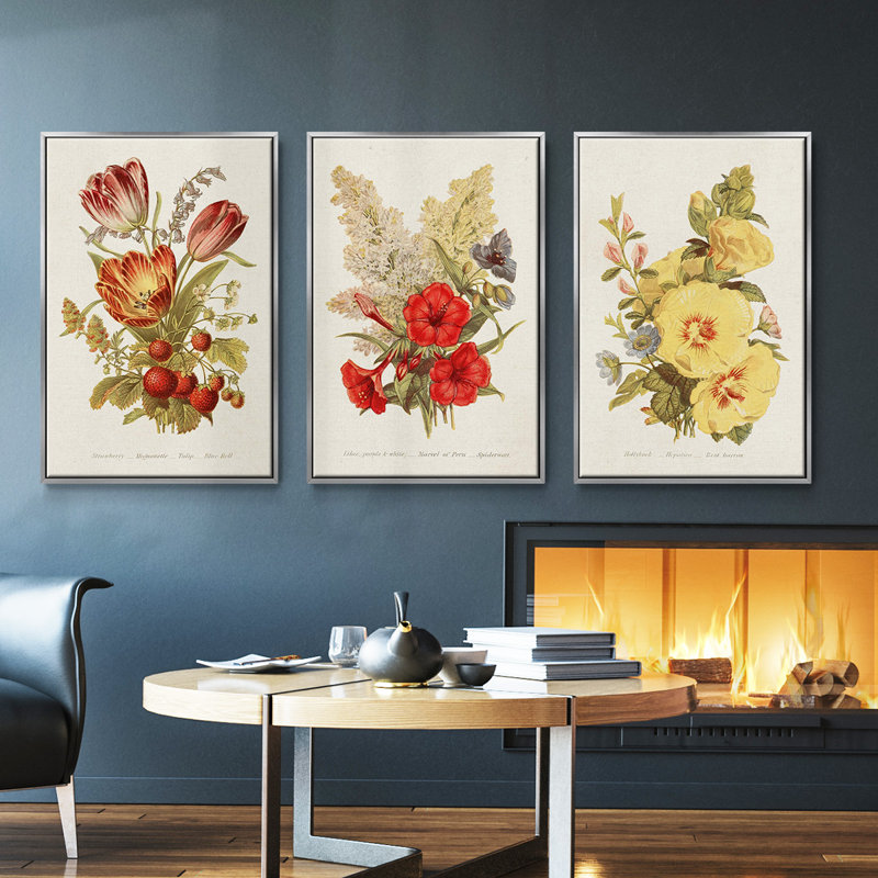 Ensemble de 3 pièces encadrées sur toile Antique Floral Bouquet IV, H 40 po x l 78 po, Argent