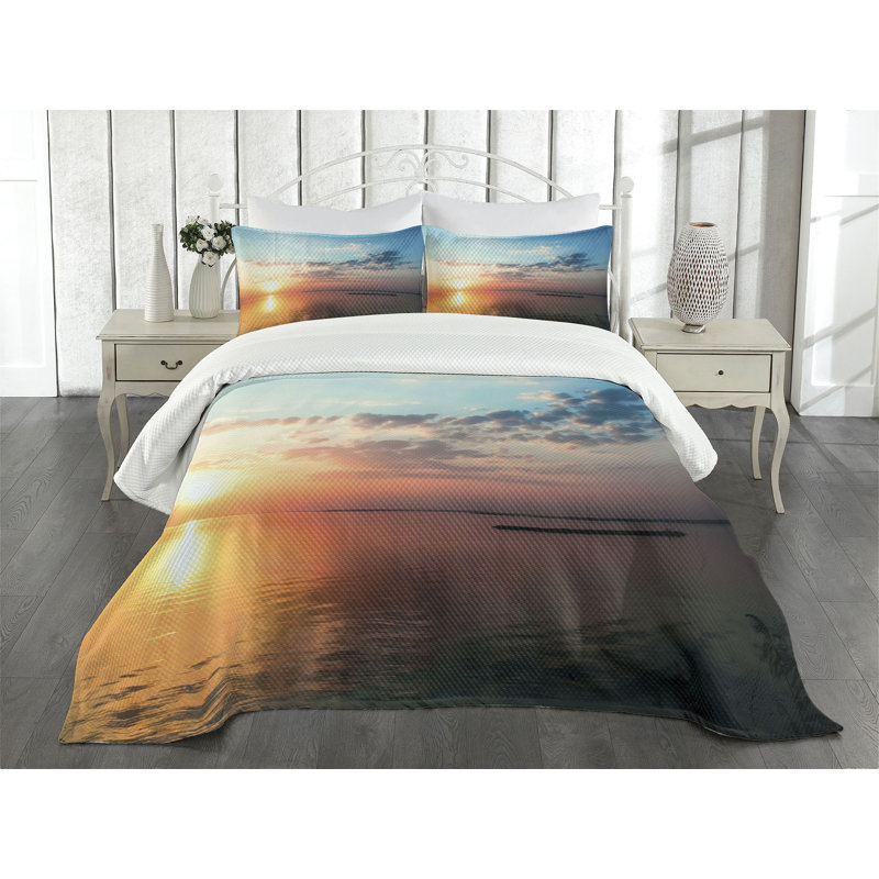 Ambesonne Lake Bedspread Set Dreamlike Twilight Scenery Multicolor, King Bedspread + 2 Standard Shams
