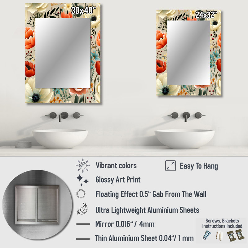 Avangeline Playful Floral Ivory and Blue Delight - miroir mural floral, miroir décoratif de chalet, impression d'art en métal