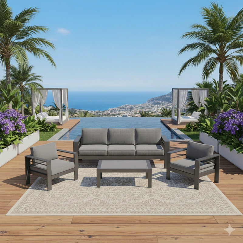 Ensemble de conversation 4 pièces pour patio moderne en aluminium 4 pièces, canapé d'extérieur 5 places avec coussins épais gris foncé et structure grise et table basse