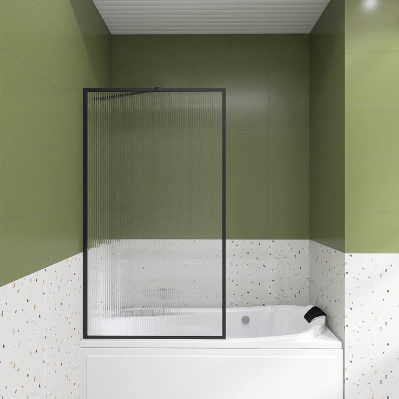 Porte de baignoire à cadre fixe avec verre cannelé l 33 po x H 58 po, Noir mat