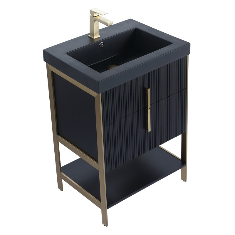  Serenity Modern Bathroom Vanity with Black Gel Acrylic Top, Brass/Black, 24", Black