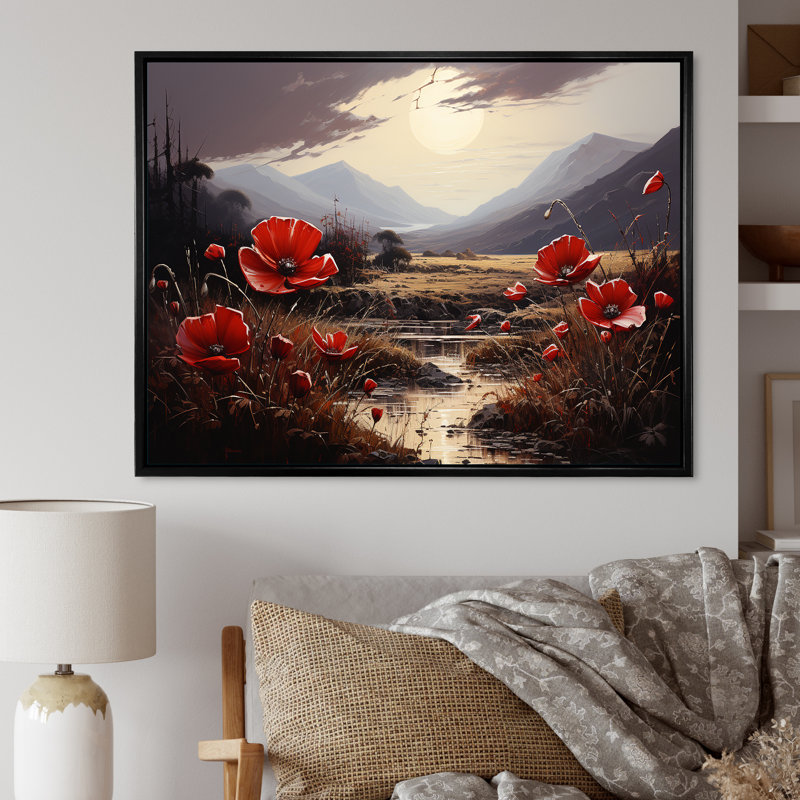«Red Crimson Flower S Embrace», impressions sur toile fleurie, H 16 po x l 32 po, Cadre flottant noir