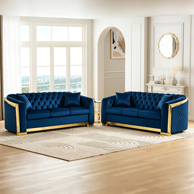Grands canapés de 81 pouces, Chesterfield en acier bleu marine pour maison moderne