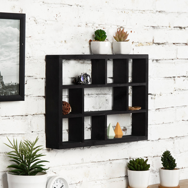 9 Piece Pine Solid Wood Floating Shelf, Black
