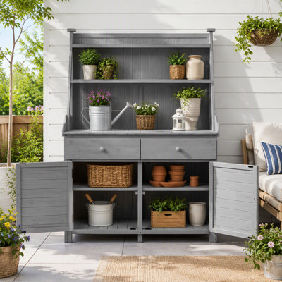 Banc de jardinage en bois de sapin 65 "avec tablettes, tiroir et armoire