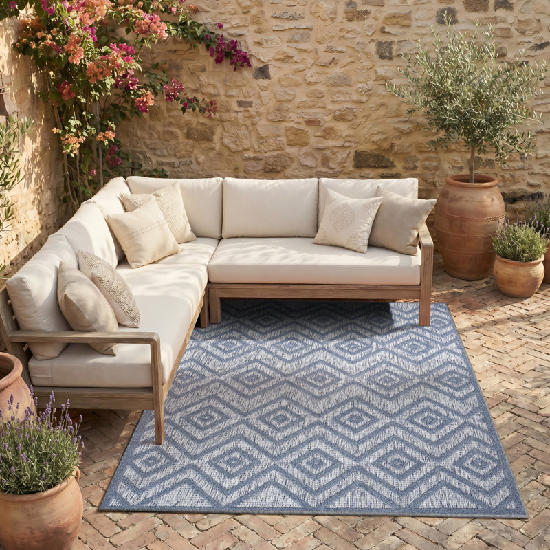 Tapis d'intérieur / extérieur bleu à losanges Foundry Select, Rectangle 4pi x 6 pi