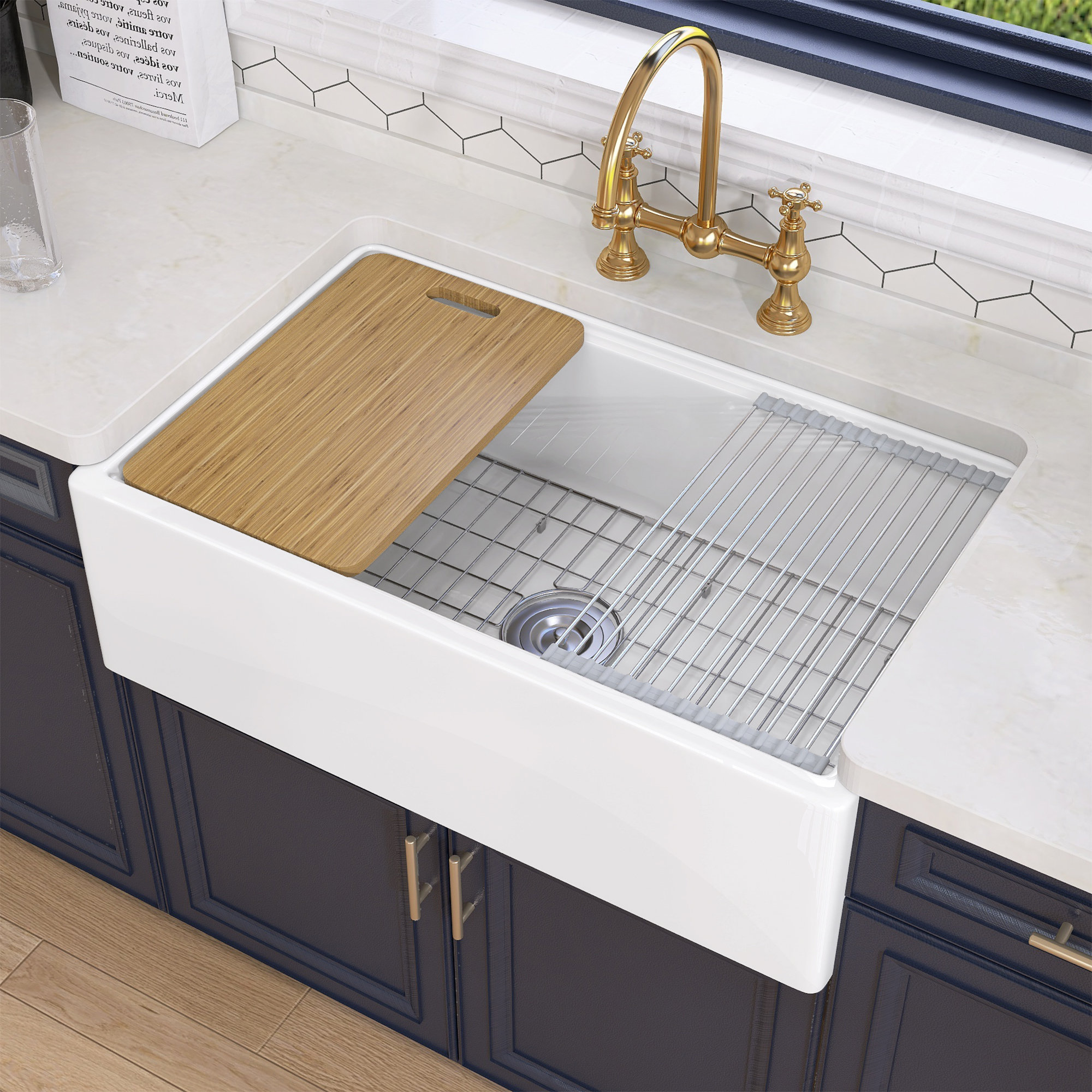 Eridanus Yorkshire Crisp White Fireclay 30 in. Single Bowl Farmhouse Apron Workstation Kitchen Sink with Accessories