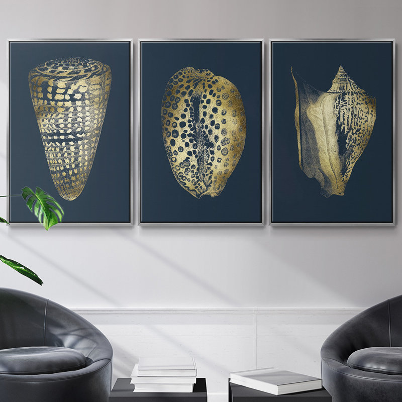 Ensemble de 3 pièces encadrées sur toile, feuille d'or I sur cobalt, H 27 po x l 54 po, Encadrement argenté