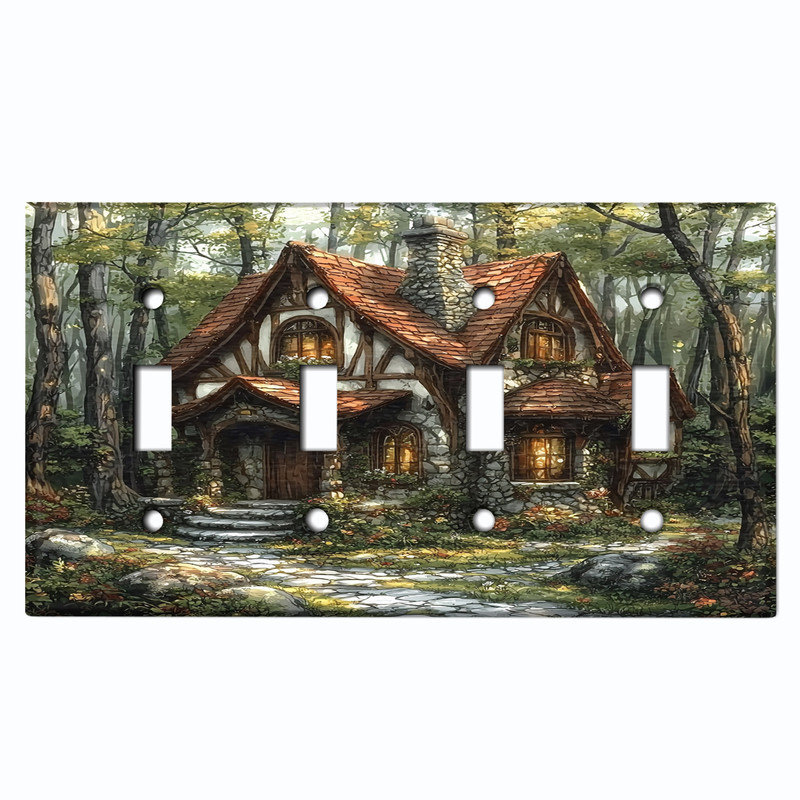 Couvercle de plaque d'interrupteur en métal; Bascule à 4 bandes US Standard - Forest Cottage, # 4 Quad bascule
