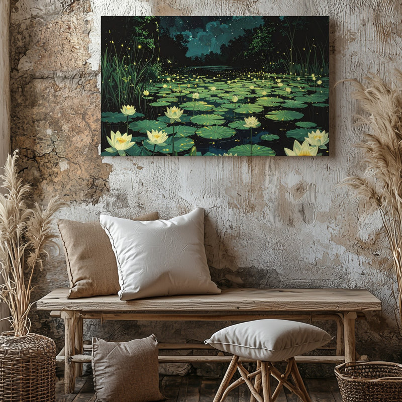 Toile mystérieuse avec étang de nuit, fleurs et lucioles sous un ciel étoilé, art mural, H 18 po x l 24 po