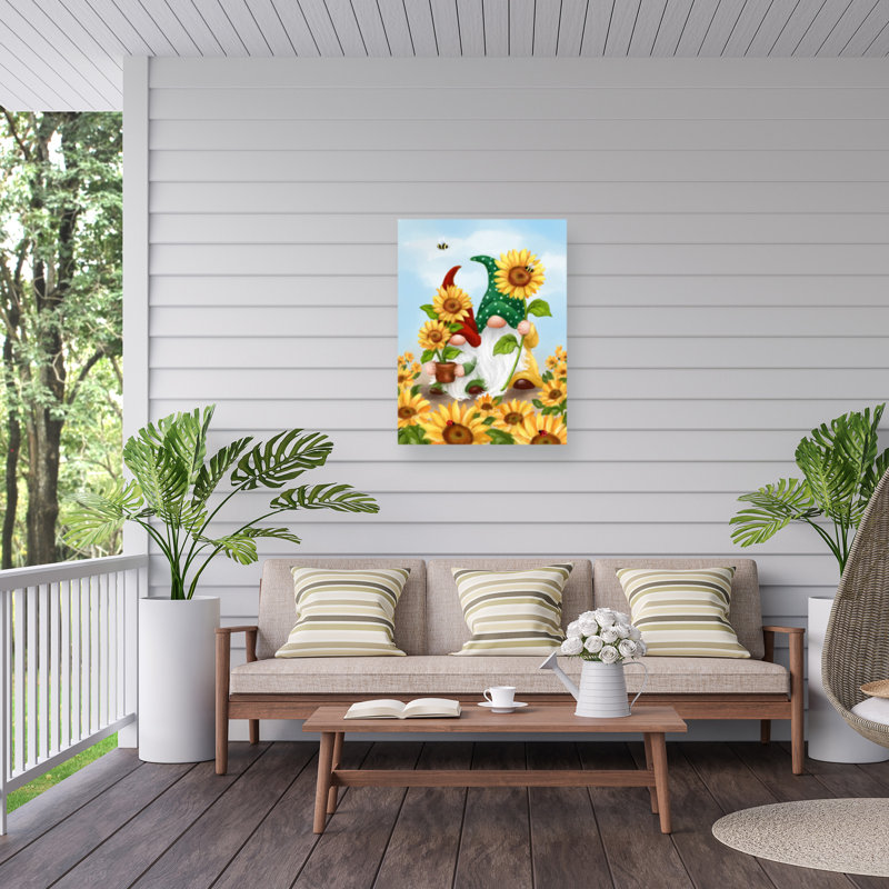 Jean Jean Deux gnomes avec toile tournesols, H 18 po x l 24 po