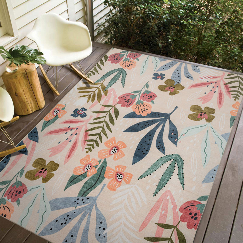 Tapis d'extérieur à motif floral coloré rose / vert / jaune / ivoire / multicolore, Rectangle 7 pi 6 po x 9 pi 6 po