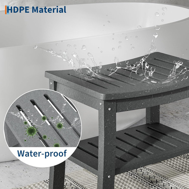 HDPE Shower Bench with Storage Shelf,Waterproof Shower Seat Stool Chair for Bathroom Bathtub,Non-Slip Spa Stool, Grey
