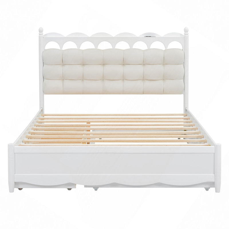 Lit moderne, lit plateforme avec rangement en bois, 2 grands tiroirs, un ensemble de prises et ports USB, Blanc