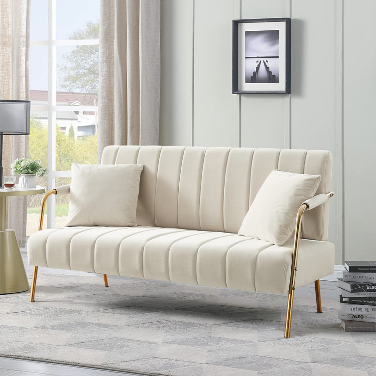 60 Velvet Loveseat Modern Comfy Loveseat Sofa Couch with Pillows and Gold Metal Legs iYofe Fabric: Beige Velvet