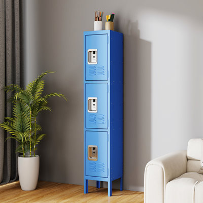 Casier en métal bleu avec 3 portes pour la salle de sport et le garage - acier, porte à levier, matériel d'aération, conception, circulation