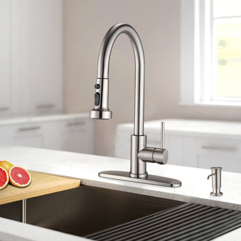 Brushed Nickel Stainless Steel Faucet For Kitchen With Soap Dispenser - Scratch Resistance, Rust Spot Feature Pull Down In 360 Swivel Spout, Scratchproof, Rustproof, Design