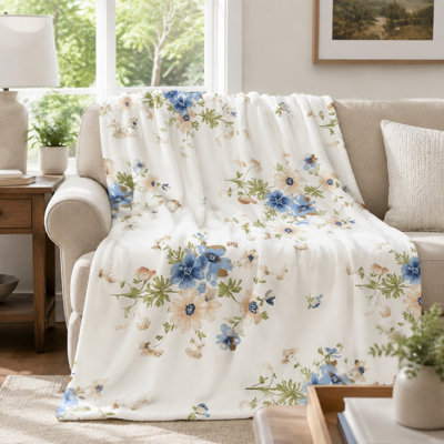 Cozy Flannel Fleece Throw Blanket - Botanical Floral Pattern, Blue and Peach, Soft, Lightweight, Breathable, All‑Season, Skin‑Friendly, Machine Washable, Decorative, for Sofa, Couch, Living Room and Bedroom