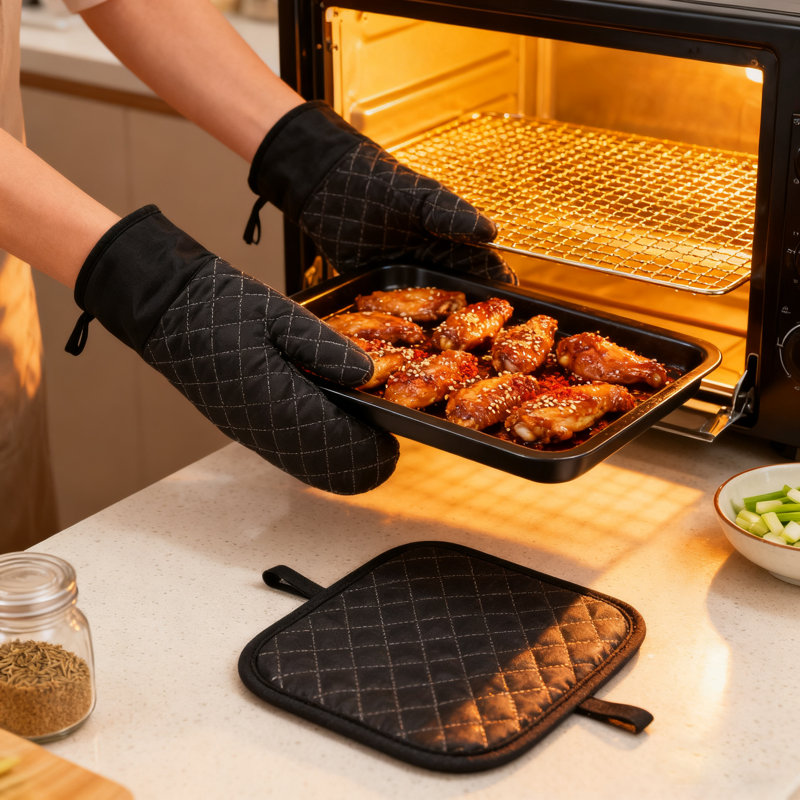 4-Piece Oven Mitt & Pot Holder Set, Black, Silicone Grip