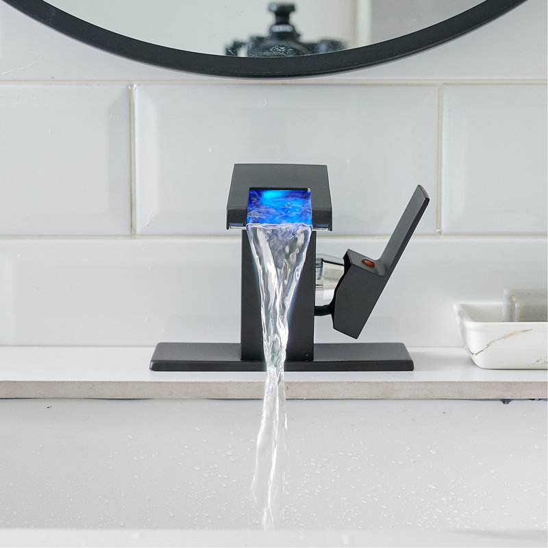 Led Lighted Bathroom Sink Faucet, 3 Colors Changing Waterfall Spout, One Hole Deck Mounted, Hot Cold Water, Black Tap, Changing, Single Handle, Water Mixer, Finish