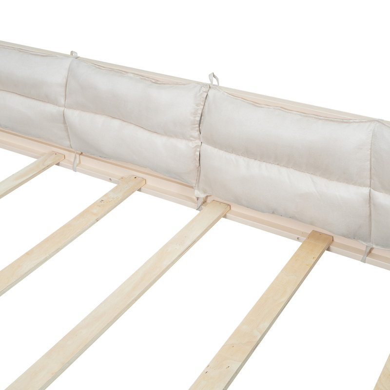 Lit plateforme tapissier double avec garde-corps et coussin Beige