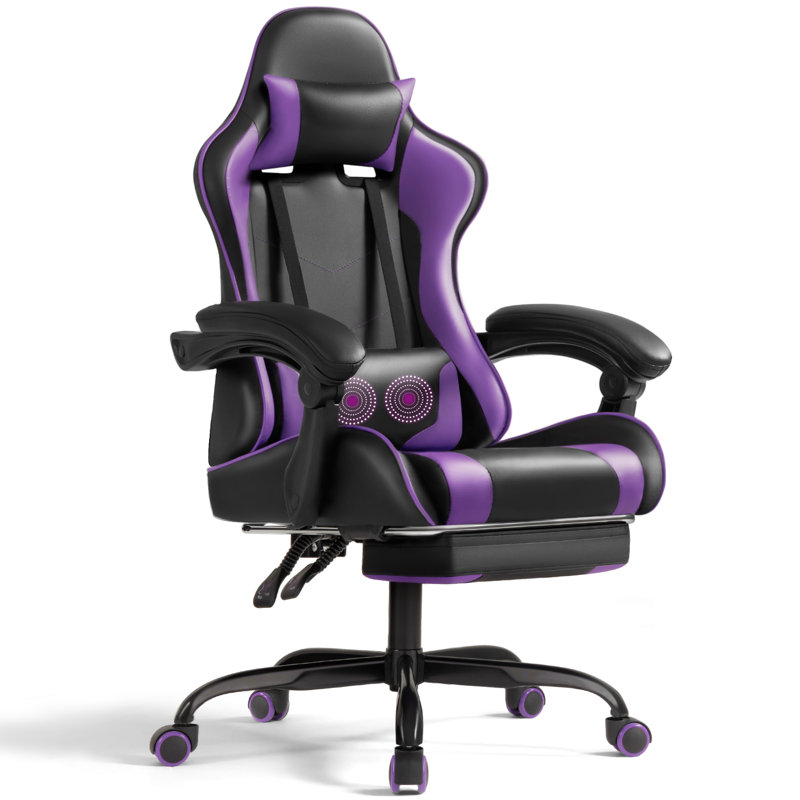 Fauteuil de jeu vidéo réglable avec massage pivotant pour PC et fauteuil de jeu de course avec repose-pieds, Noir/mauve