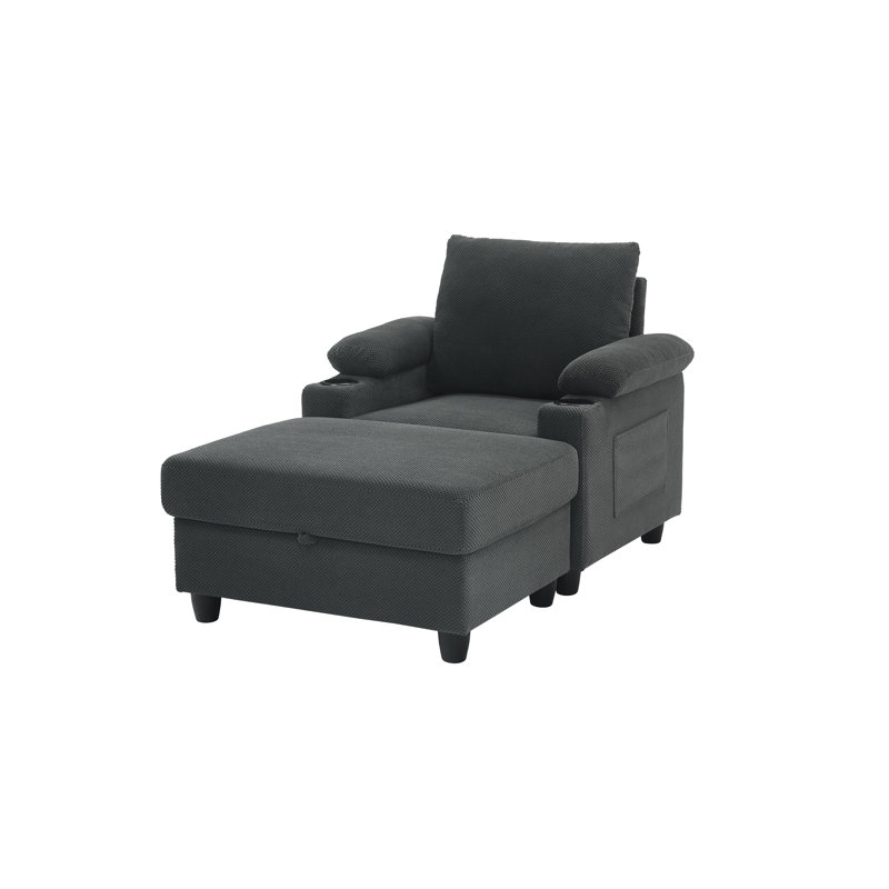 Chaise d'appoint avec repose-pieds avec rangement, méridienne convertible simple avec dossier inclinable, porte-gobelets, ports USB-C