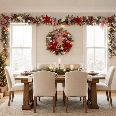 Couronne de Noël pré-illuminée de 61 cm (24 po) fonctionnant à piles et guirlande de 1,8 m (6 pi) avec nœud en ruban à motif de canne de Noël pour porte d'entrée et foyer