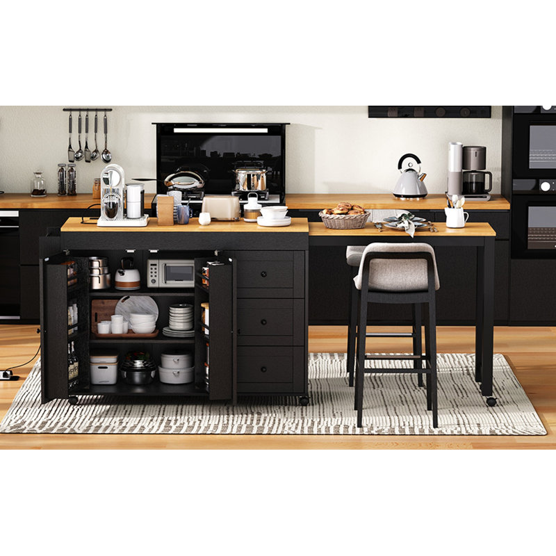K&K 74.8" Kitchen Island with Extendable Dining Table, Kitchen Storage Cart with 3 Drawers, Power Outlet, Rolling Kitchen Island on Wheels with Spice Rack and 2 Door Cabinet, for Kitchen, Black