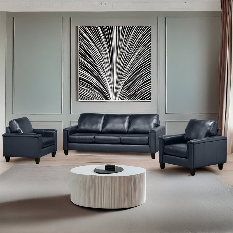 Ensemble de salon en cuir véritable Deboer, Cuir synthétique ardoise, 3 Pieces: Sofa, 2 Chair