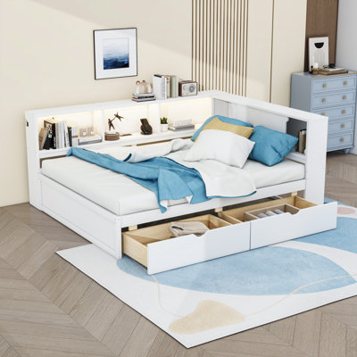 Wood Daybed with Shelves, USB, LED and 2 Drawers