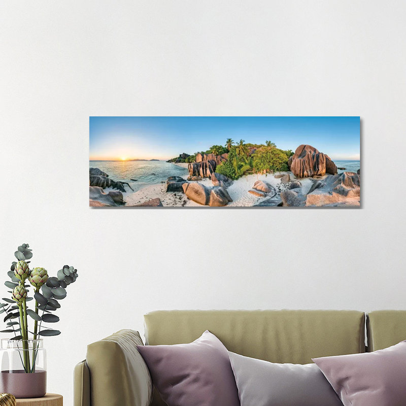Beach Anse Source D'Argent At Sunset 1 Piece Wrapped Canvas Panoramic Wall Art, 121.92 cm H x 40.64 cm W